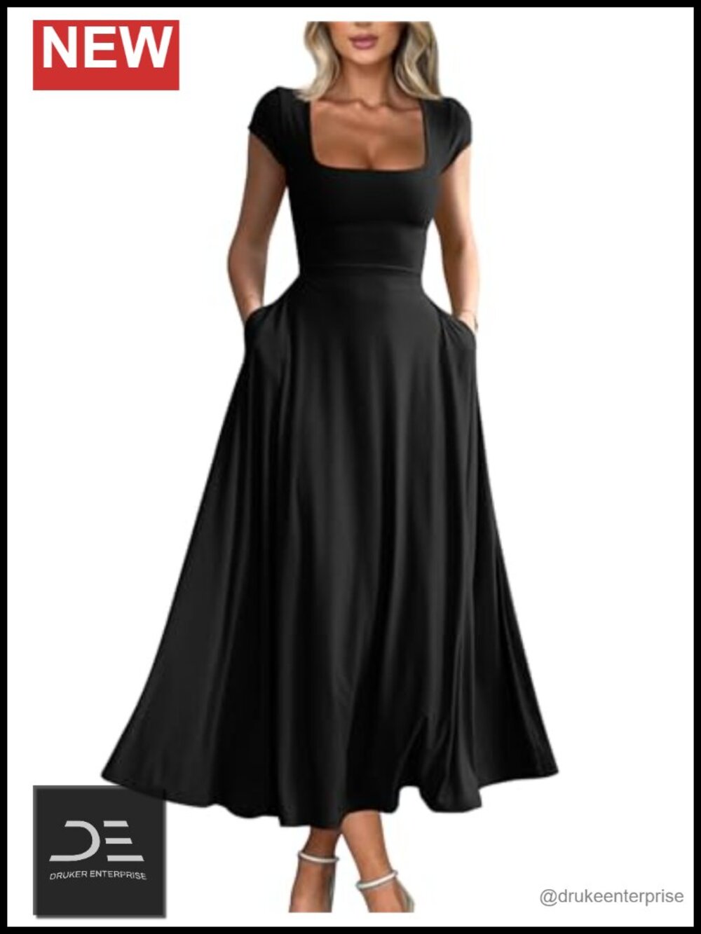 Women's Casual Short Sleeve Square Neck Flowy Long Dress with Pockets